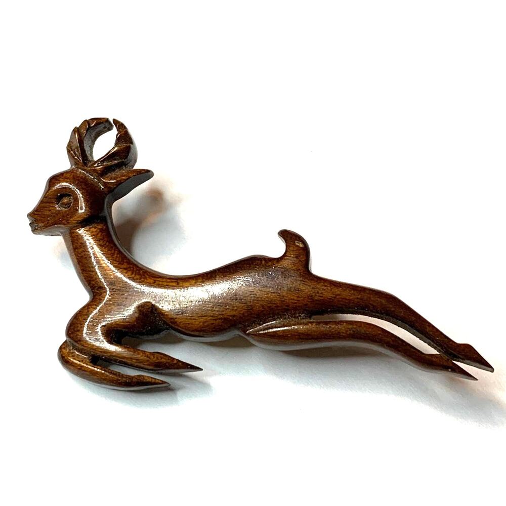 Vintage Hand Carved Wood Deer Stag Reindeer Gazelle Buck Impala Artisan Brooch‎